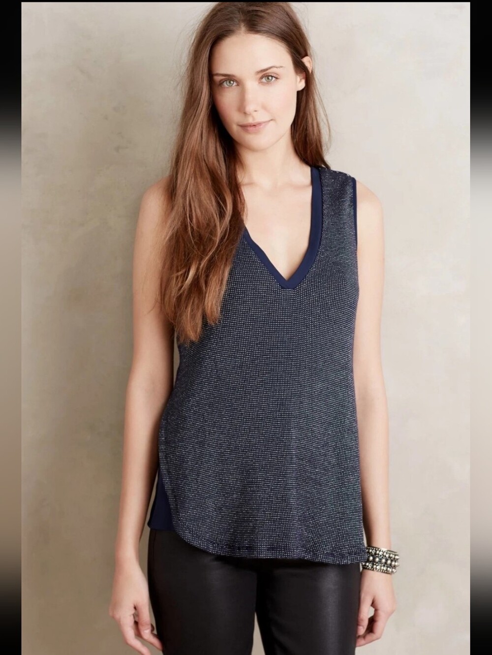 Deletta Navy Sleeveless V-Neck Tank with Metallic Speckle